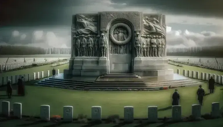 World War I memorial with bas-reliefs of soldiers, surrounded by tidy white graves and leafless trees under a cloudy sky.