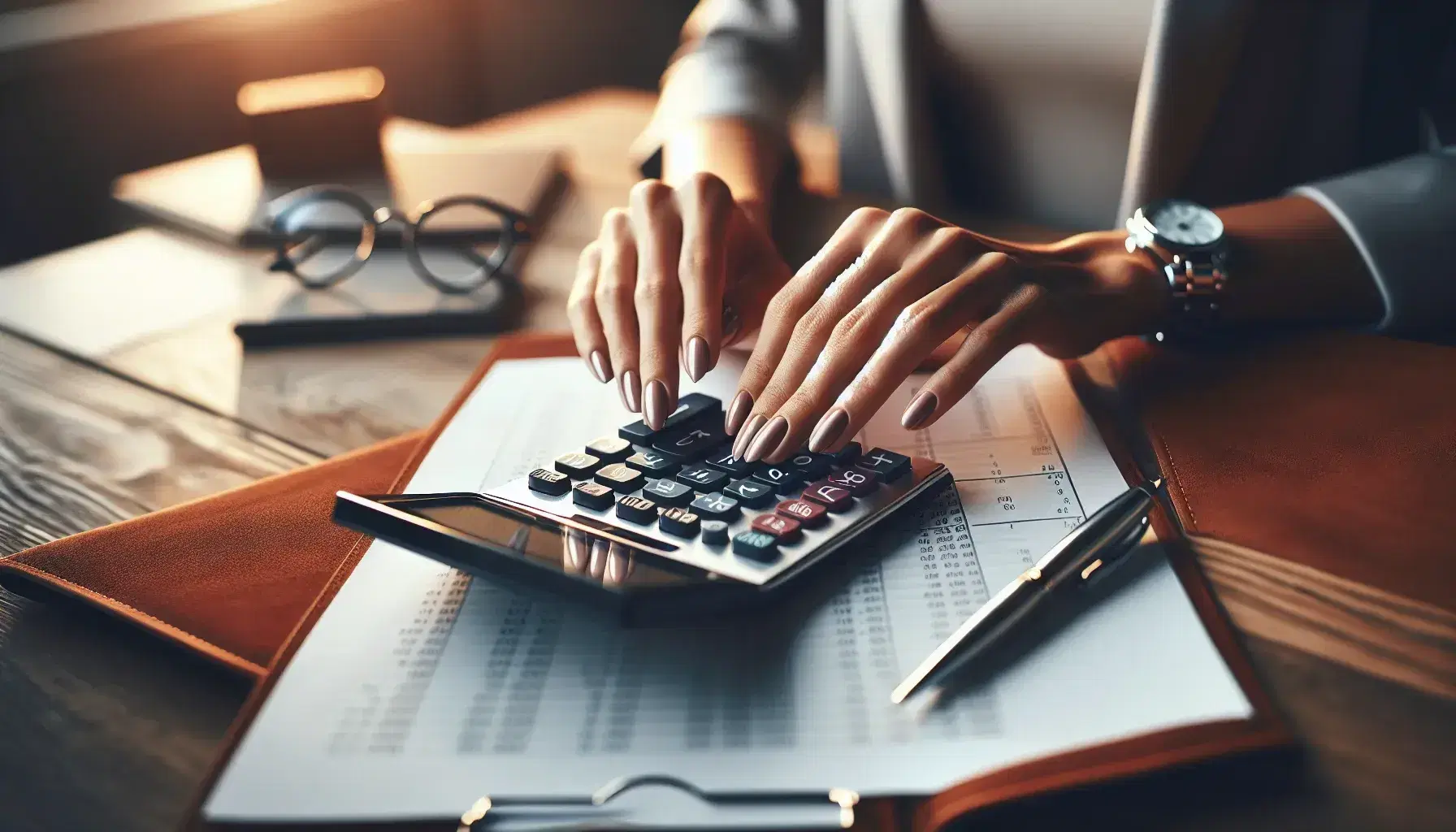 Close-up view of hands with a silver wristwatch using a calculator on a wooden desk, surrounded by financial papers, a pen, and eyeglasses in a softly lit office.