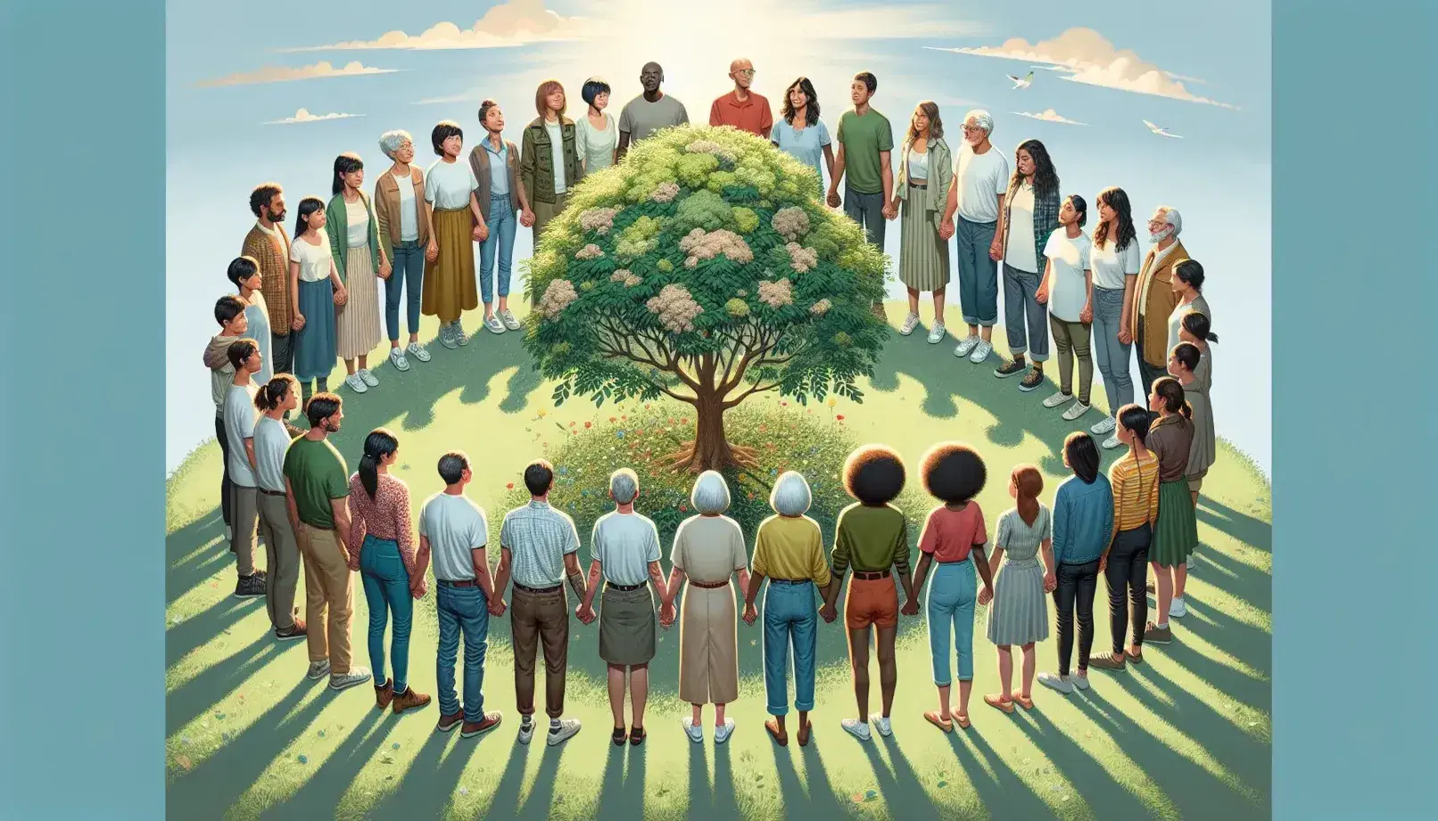Grupo diverso de personas unidas de la mano alrededor de un árbol en un día soleado, simbolizando unidad y conexión con la naturaleza.