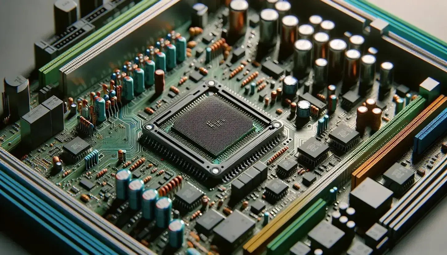 Close-up of a computer motherboard with microprocessor, capacitors, resistors and integrated circuits on green circuit board.