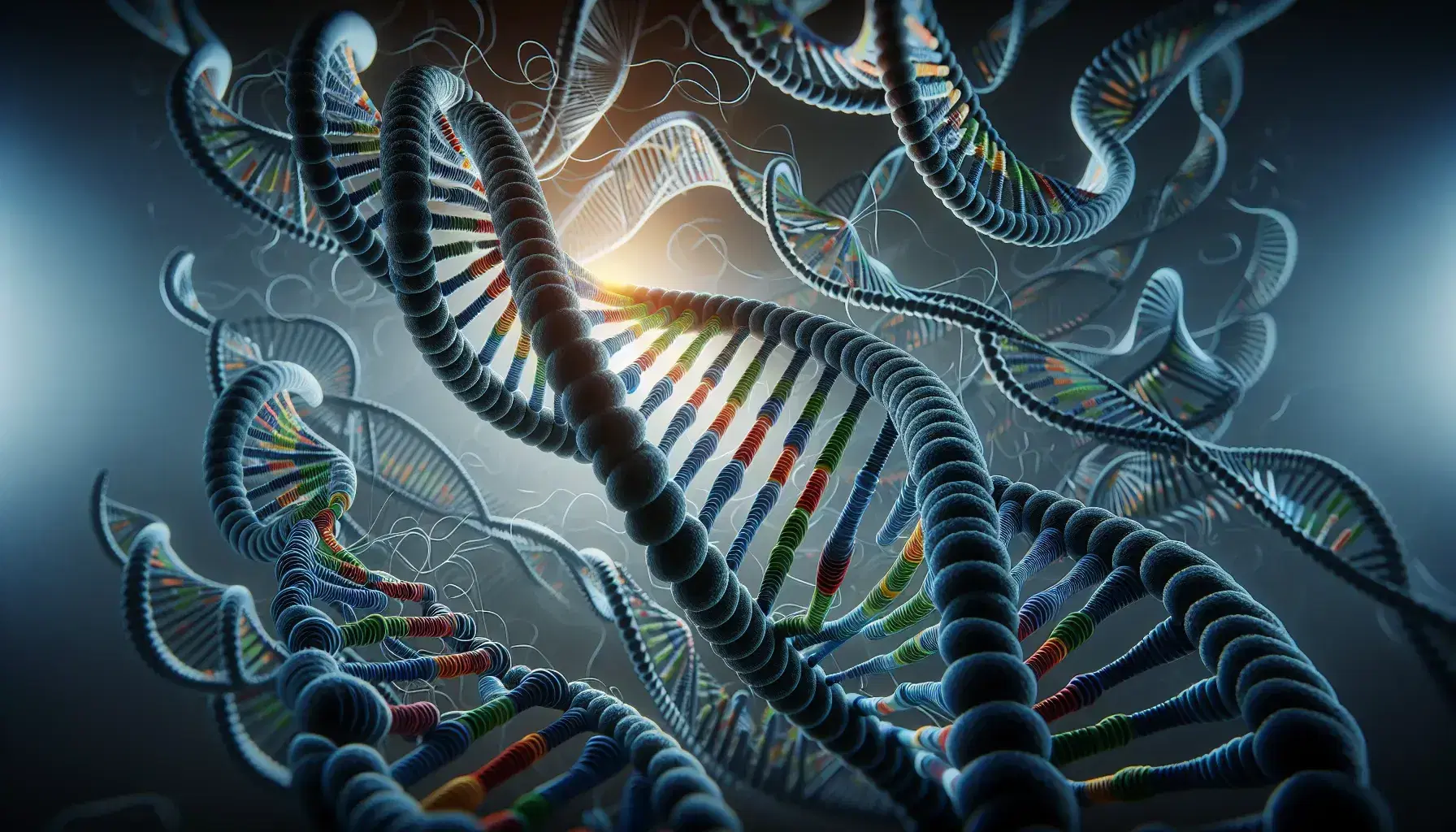 Struttura 3D di una doppia elica di DNA con basi azotate colorate e sfondo sfumato che suggerisce ulteriori molecole.