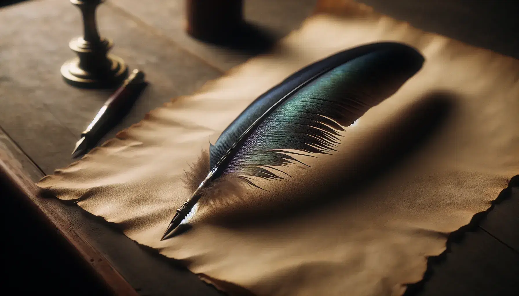 Sharpened quill pen on ancient parchment, iridescent blue-green shades, on wooden desk with blurred brass candlestick.