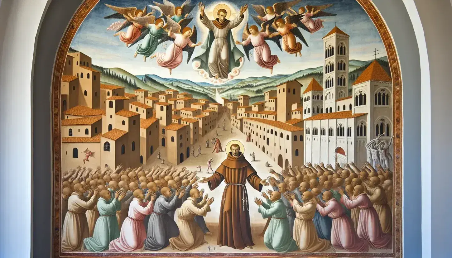 San Francesco esorcizza i demoni da Arezzo, affresco di Giotto con angeli color pastello, architettura medievale e demoni in fuga.