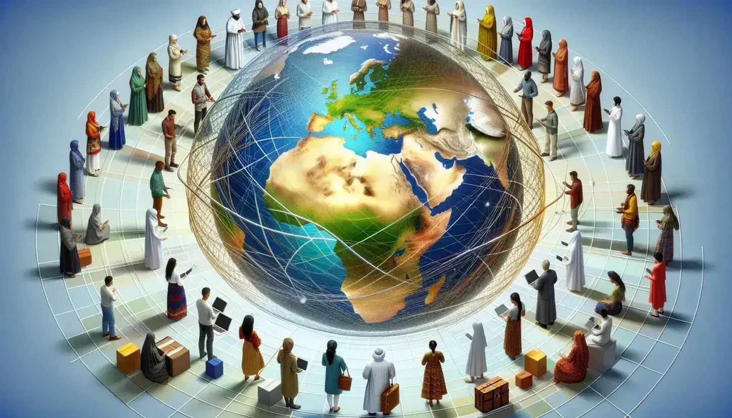 Globo terrestre circondato da persone in abiti tradizionali che simboleggiano la diversità culturale, con oggetti di tecnologia e commercio in primo piano.