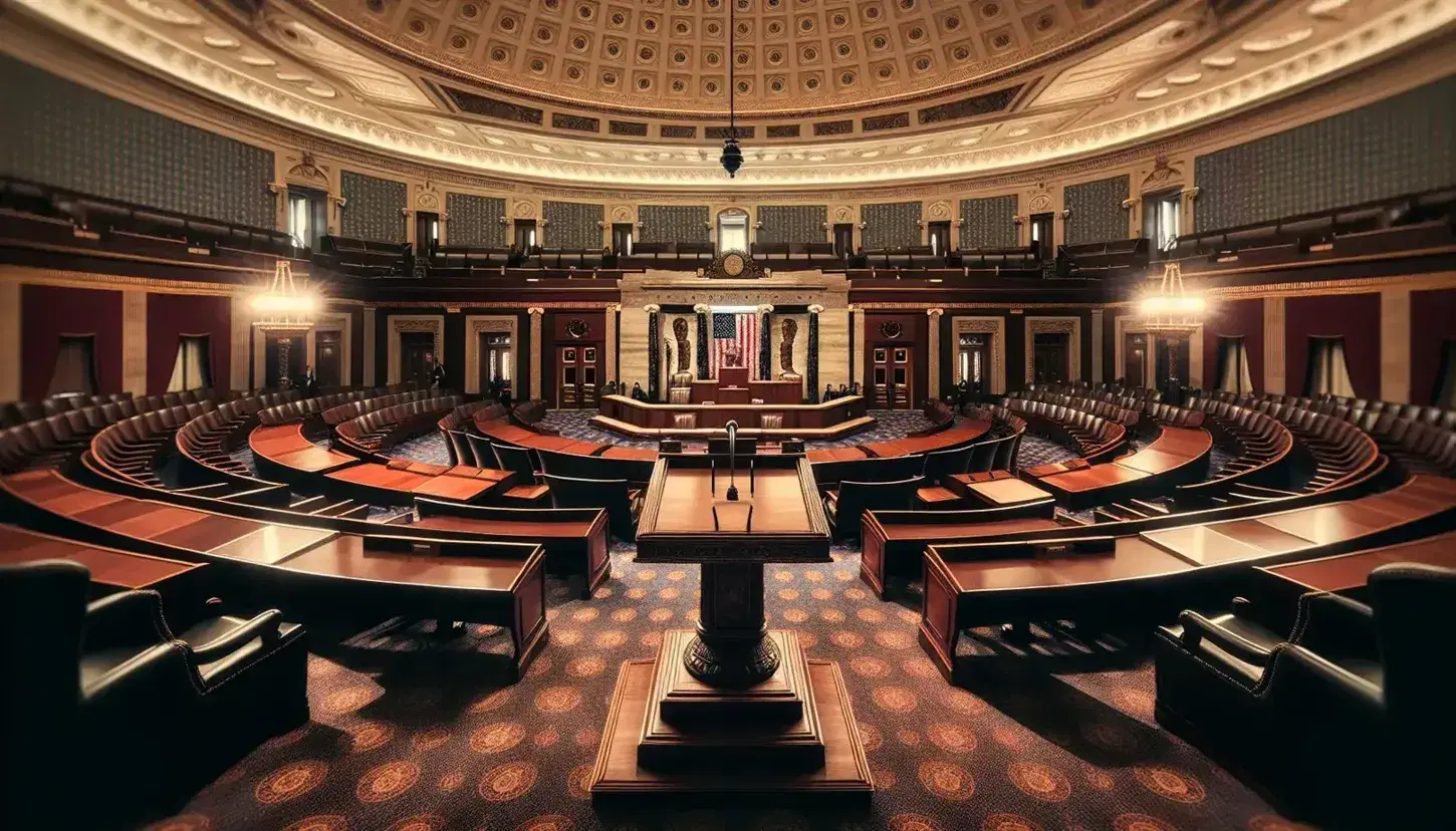 Elegant House of Representatives chamber in the US Capitol with a central podium, unoccupied wooden desks, a grand chandelier, and an American flag.