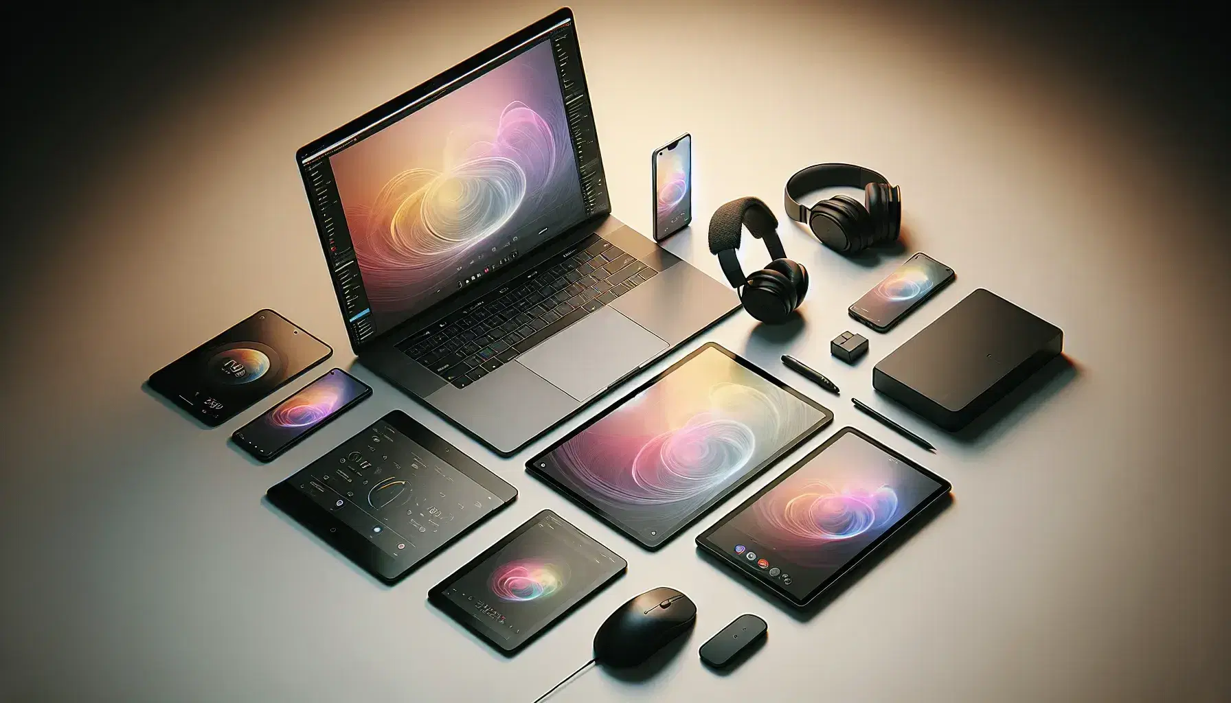 Espacio de trabajo moderno con portátil abierto, tablet digital, smartphone, auriculares inalámbricos y ratón ergonómico sobre superficie clara.