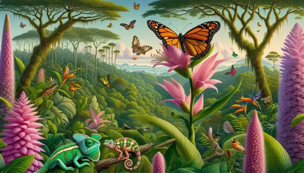 Mariposa Monarca en flor rosa con centro amarillo, reptil verde entre hojas y ave tropical en selva al fondo bajo cielo azul claro.