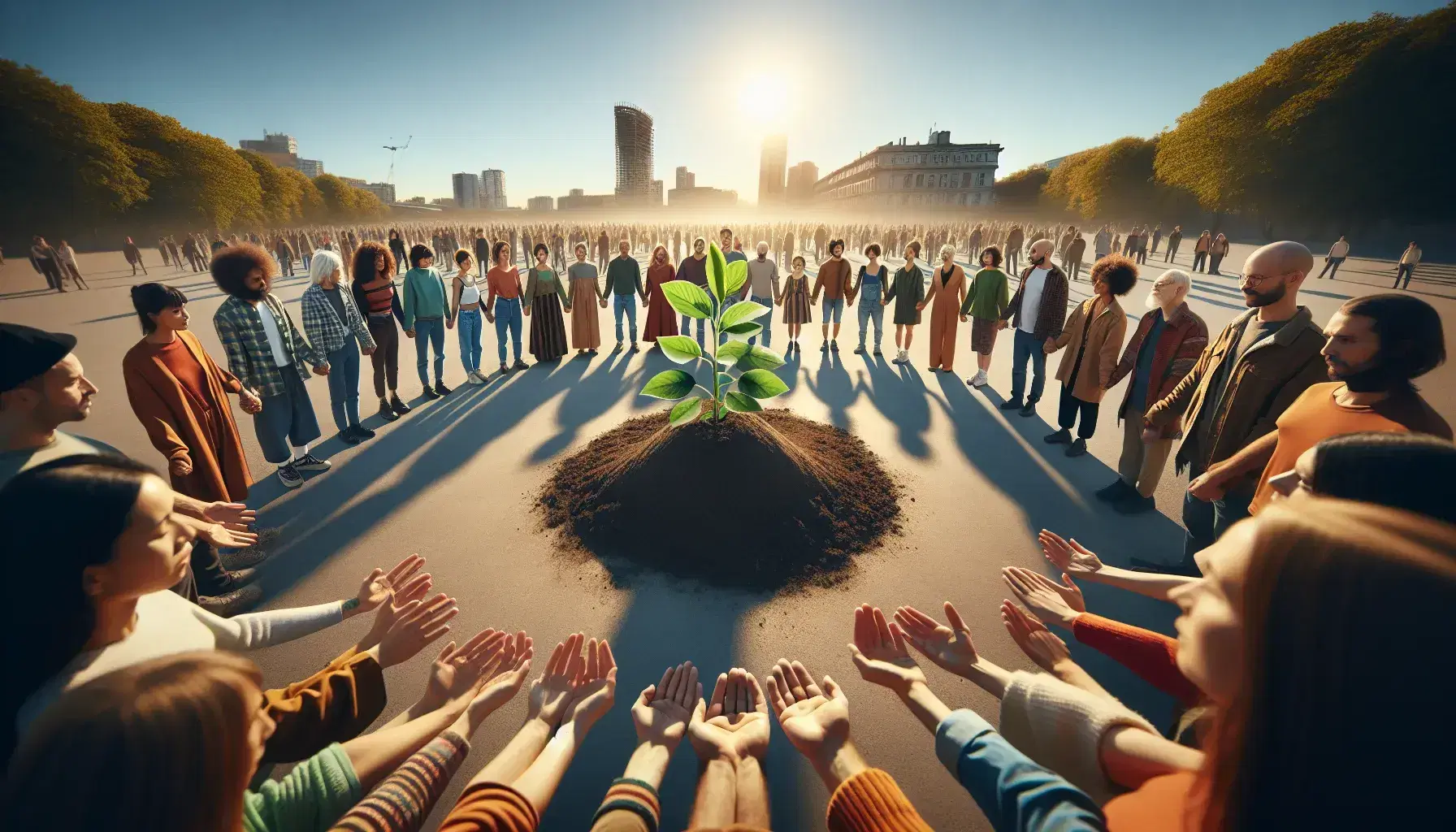 Grupo diverso de personas unidas en círculo alrededor de una joven planta en un parque, extendiendo las manos hacia ella en un gesto de cuidado bajo un cielo despejado.