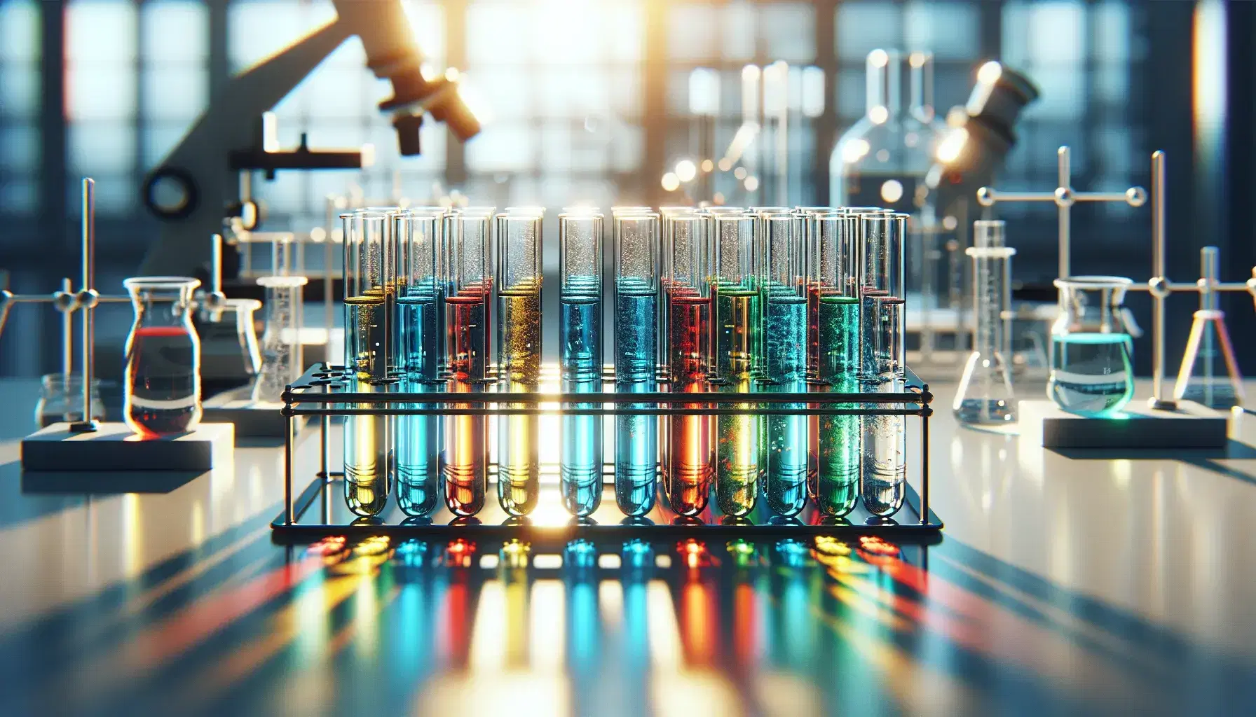 Provette in vetro trasparente con liquidi colorati su supporto metallico in laboratorio scientifico, ambiente pulito e professionale.