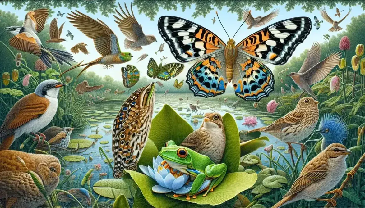 Mariposa con alas naranjas, negras y blancas posada en flor, rana verde en hoja de lirio, aves volando y pez azul y amarillo en agua, rodeados de vegetación verde.