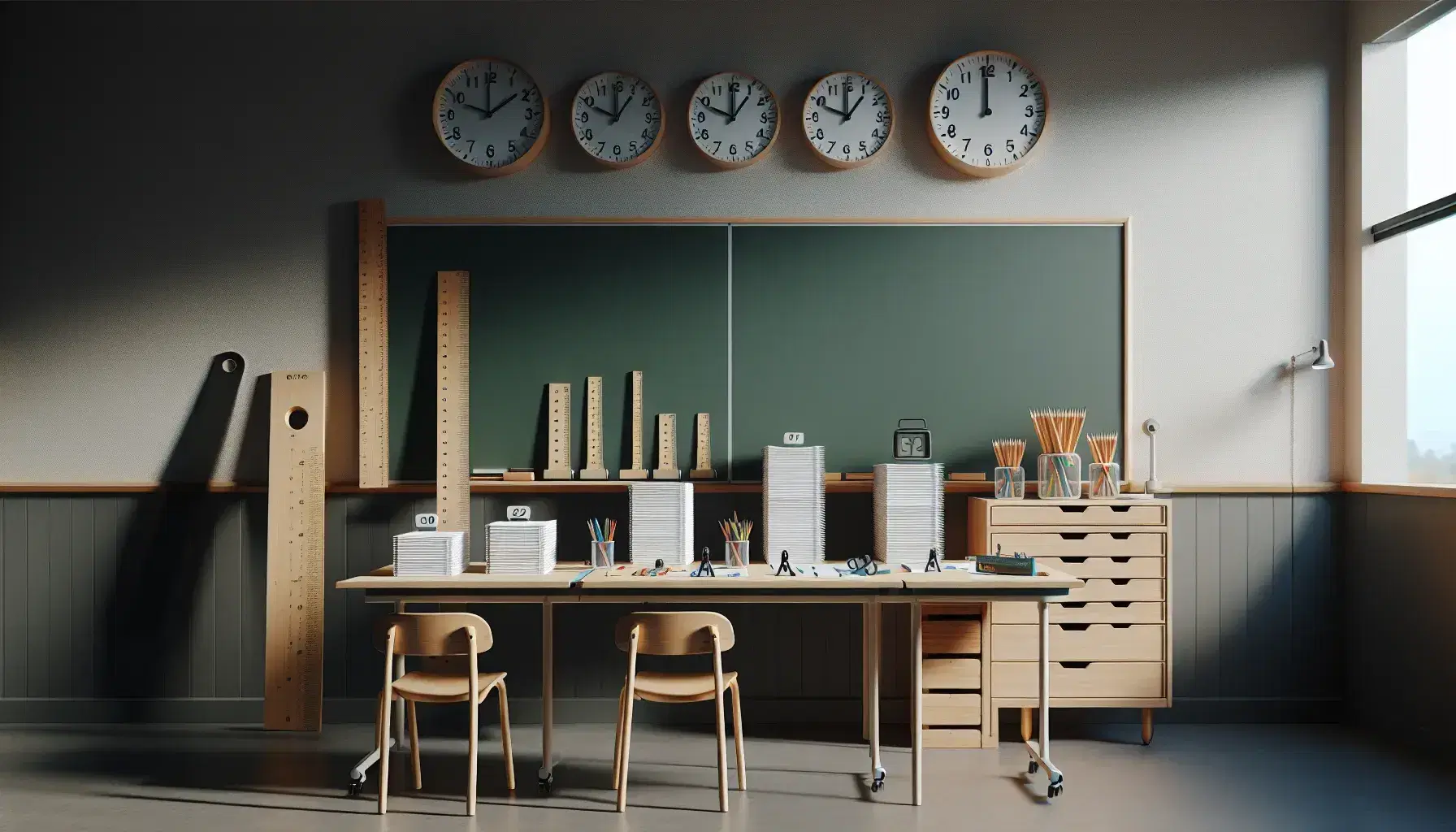 Aula luminosa con tavolo in legno, strumenti di valutazione, orologi senza numeri, lavagna verde vuota, metro a nastro e sedia in paglia.
