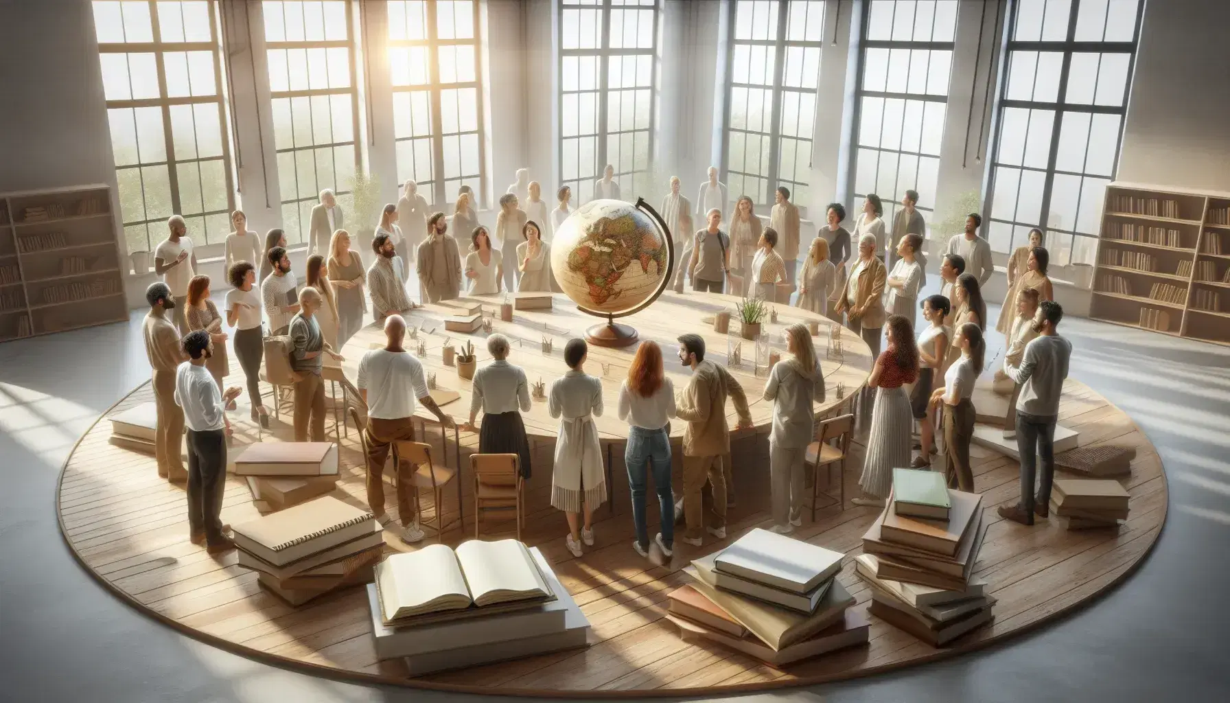 Grupo diverso en reunión colaborativa alrededor de una mesa redonda con libros, un globo y cuadernos en una sala iluminada naturalmente.