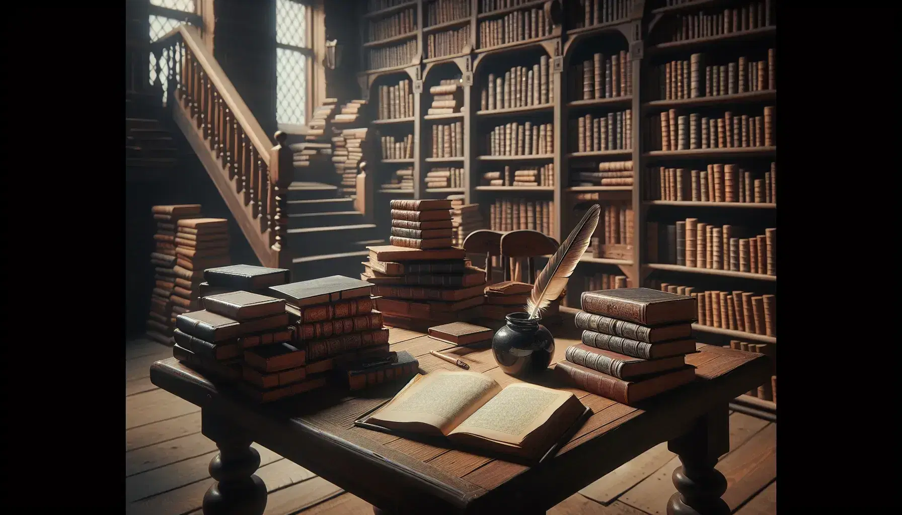 Biblioteca antigua con estantes de madera oscura llenos de libros, mesa con libro abierto y pluma en tintero, escalera al fondo y luz cálida.