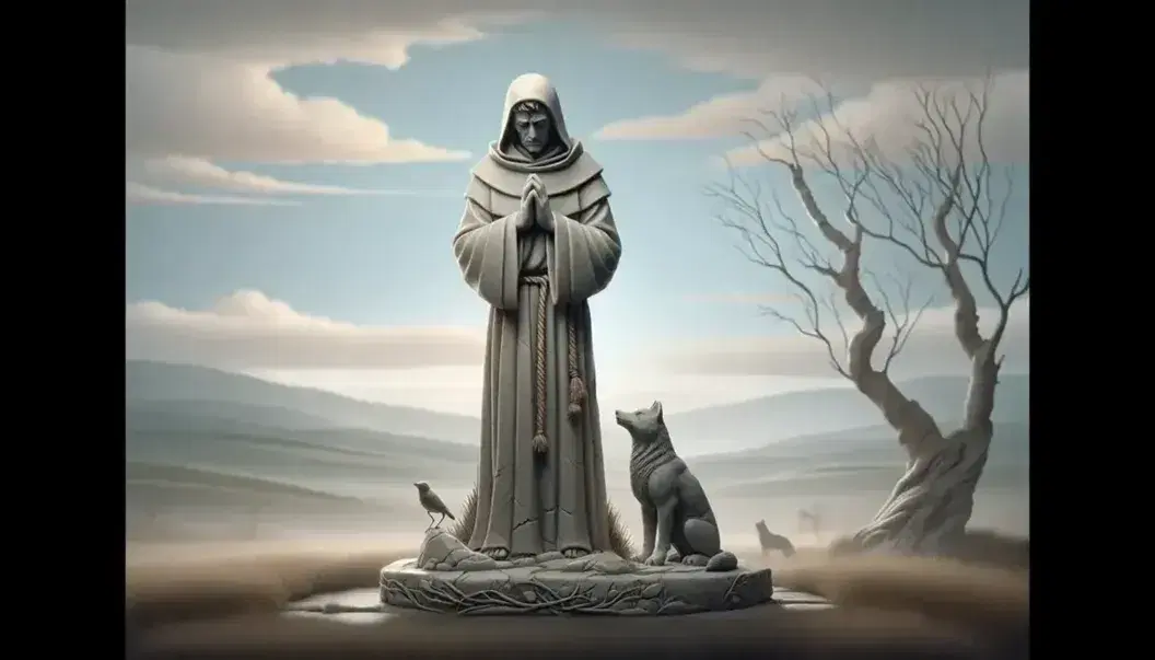 Statua di San Francesco d'Assisi in preghiera, con lupo seduto e uccello su ramo in paesaggio naturale sereno, simbolo di armonia.