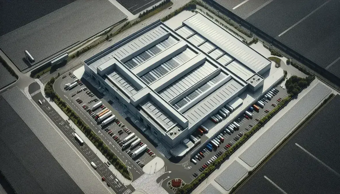 Vista aerea di un complesso industriale con capannone centrale, parcheggio ordinato, strada con camion e spazio verde, sotto un cielo leggermente nuvoloso.