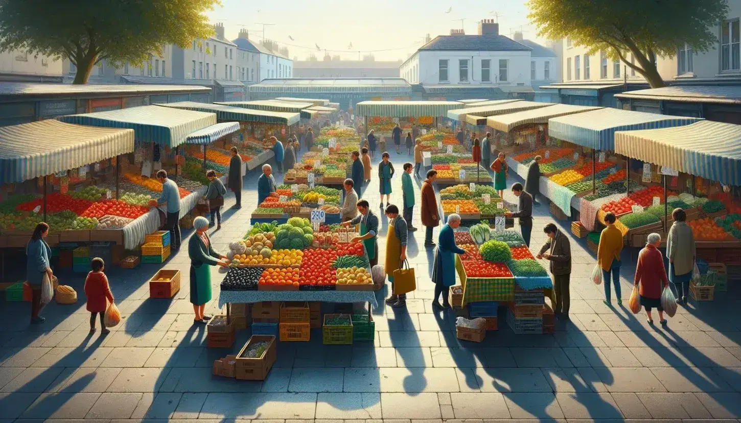 Mercado al aire libre con puestos de frutas y verduras frescas, vendedores atendiendo a clientes diversos y árboles bajo un cielo azul.