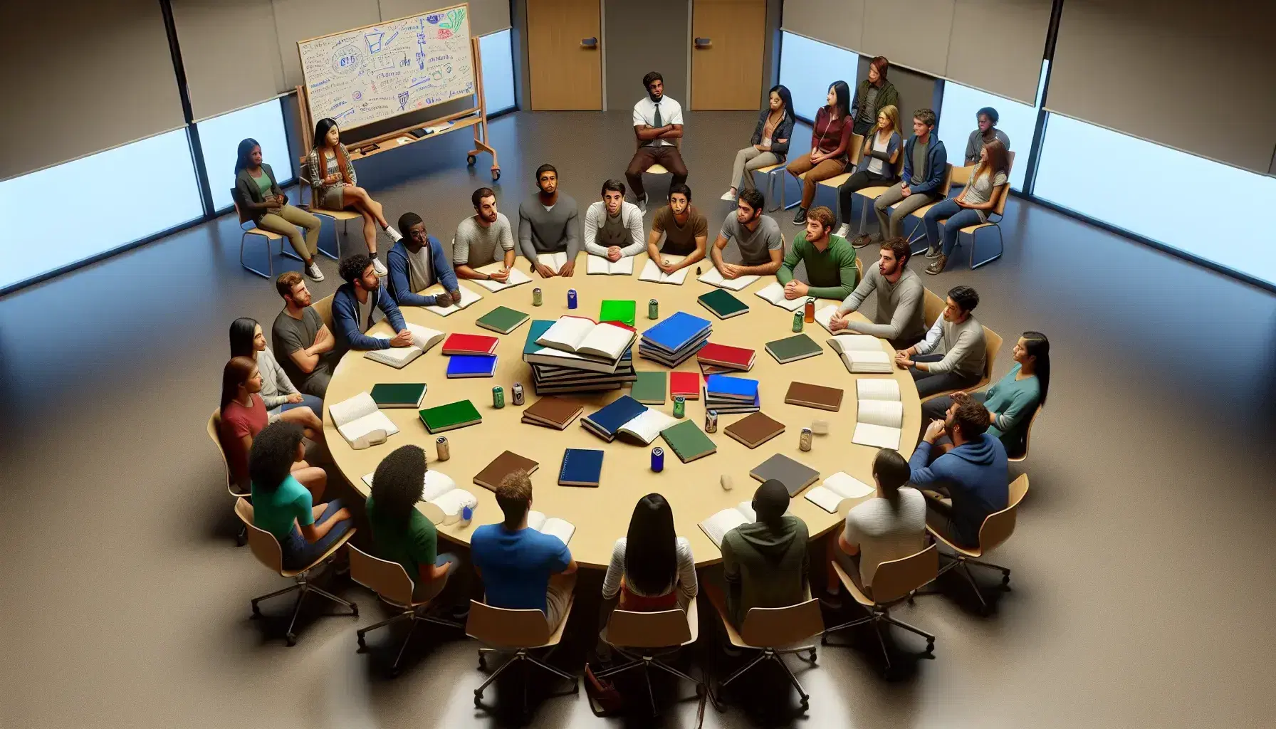 Grupo diverso de estudiantes universitarios en discusión activa alrededor de una mesa redonda con libros y cuadernos, en un aula iluminada.