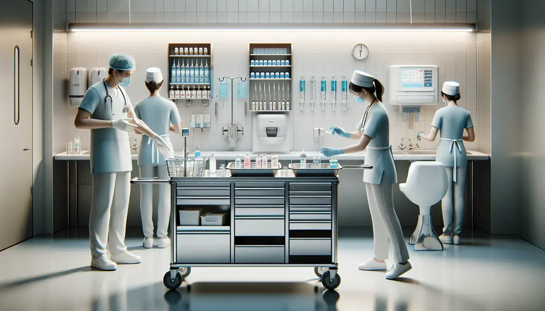 Enfermera en uniforme azul claro administra inyección a paciente en hospital, con carro de instrumental médico al lado y otros profesionales de la salud en el fondo.