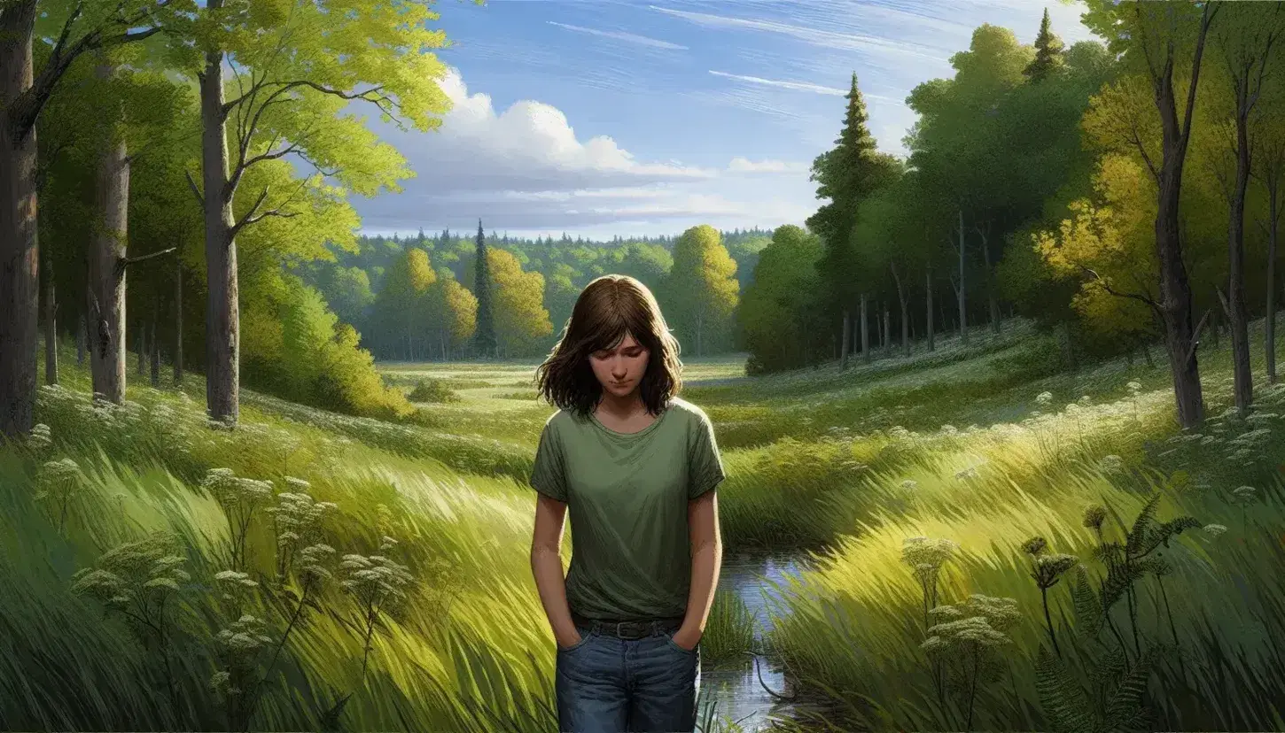 Young woman in early twenties stands contemplatively in a sunlit field of tall green grass with a backdrop of a dense, leafy forest and a clear blue sky.