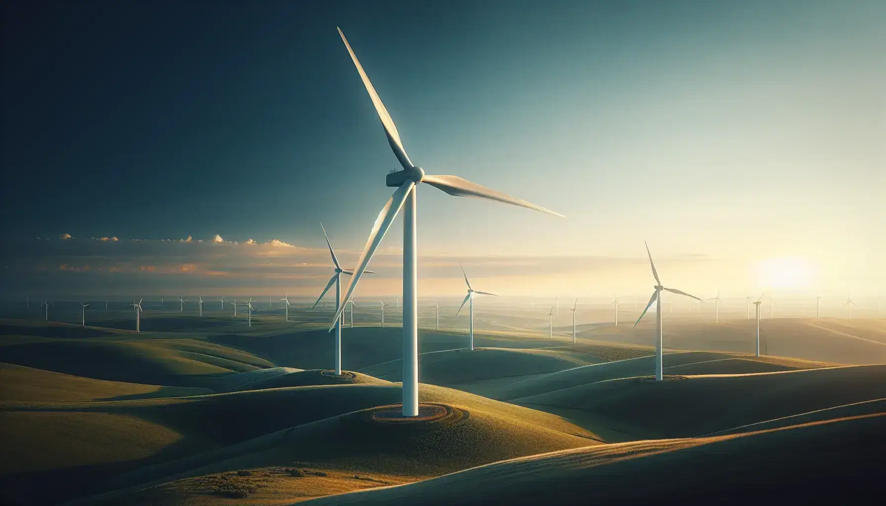Aerogenerador blanco con tres aspas en campo verde bajo cielo azul claro, con línea de turbinas al fondo, iluminación solar y sombras marcadas.