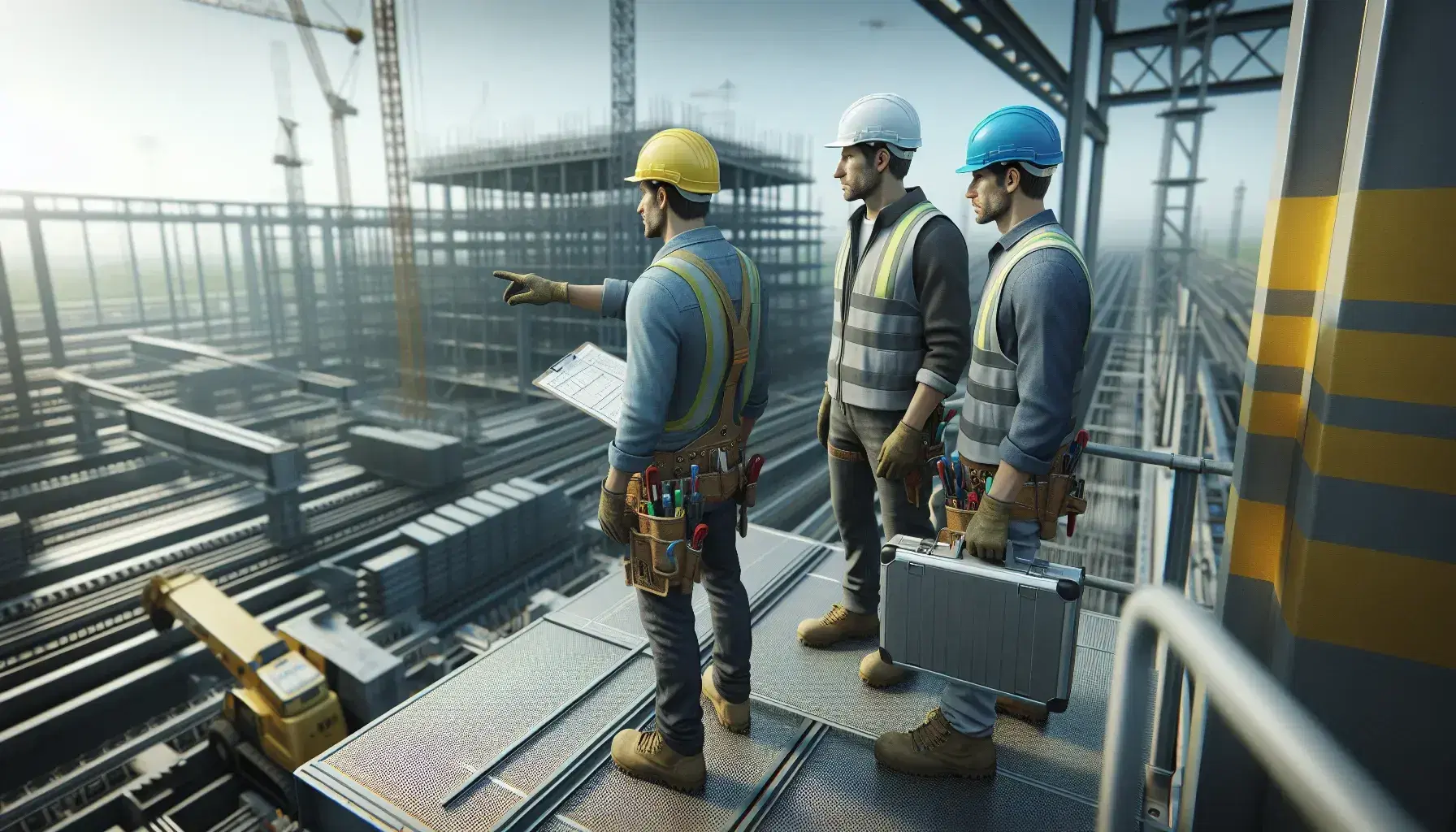 Trabajadores de construcción con cascos de seguridad en obra, revisando planos y señalando estructura de acero en un día soleado.