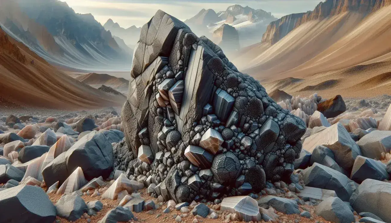Terreno montuoso con rocce ignee, grosso masso grigio scuro con cristalli incastonati e vene chiare, sfondo di picchi montuosi marroni e cielo azzurro.
