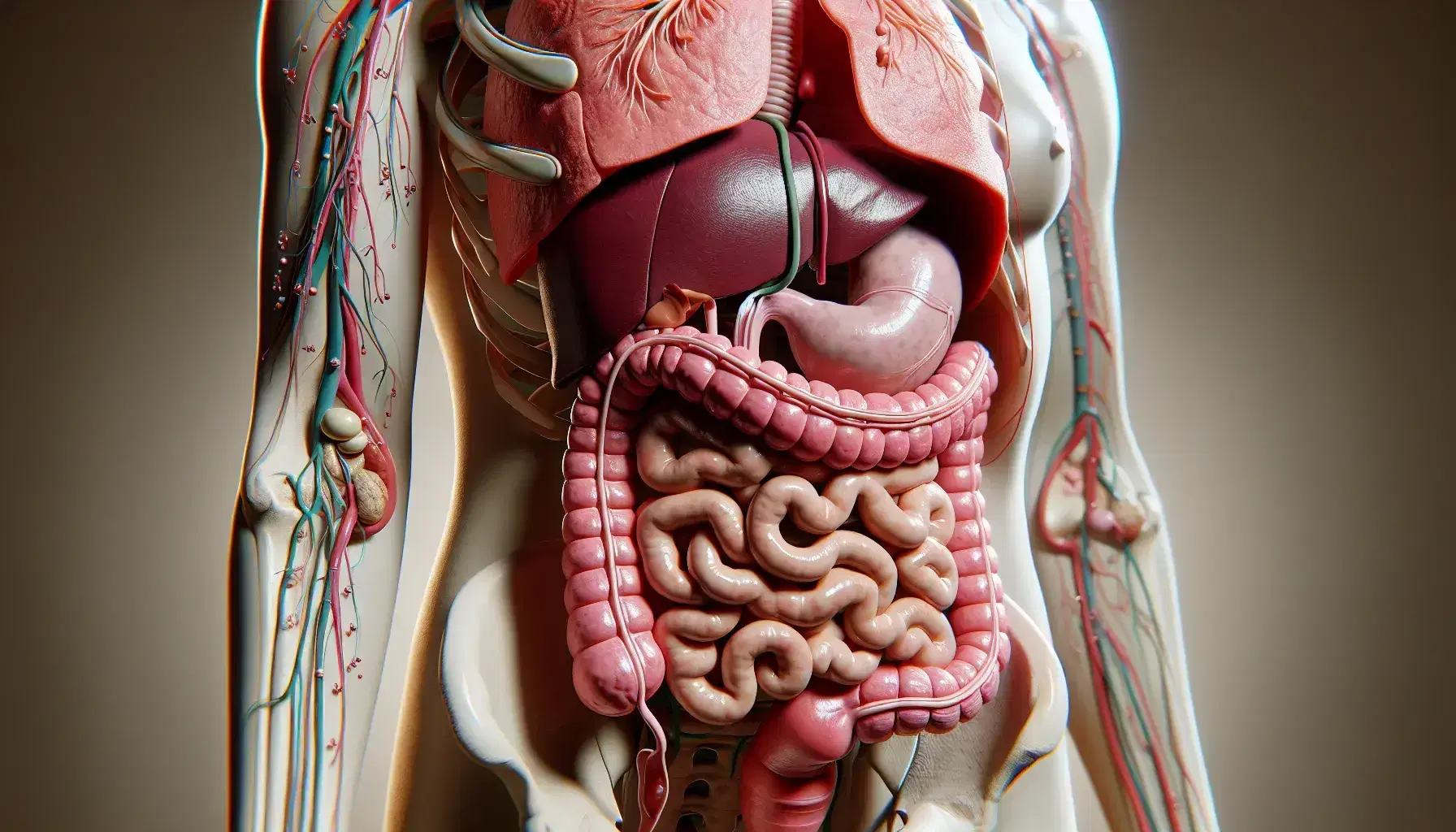Modelo anatómico 3D del sistema digestivo humano mostrando el tracto gastrointestinal completo y glándulas auxiliares como hígado y páncreas con colores diferenciados.