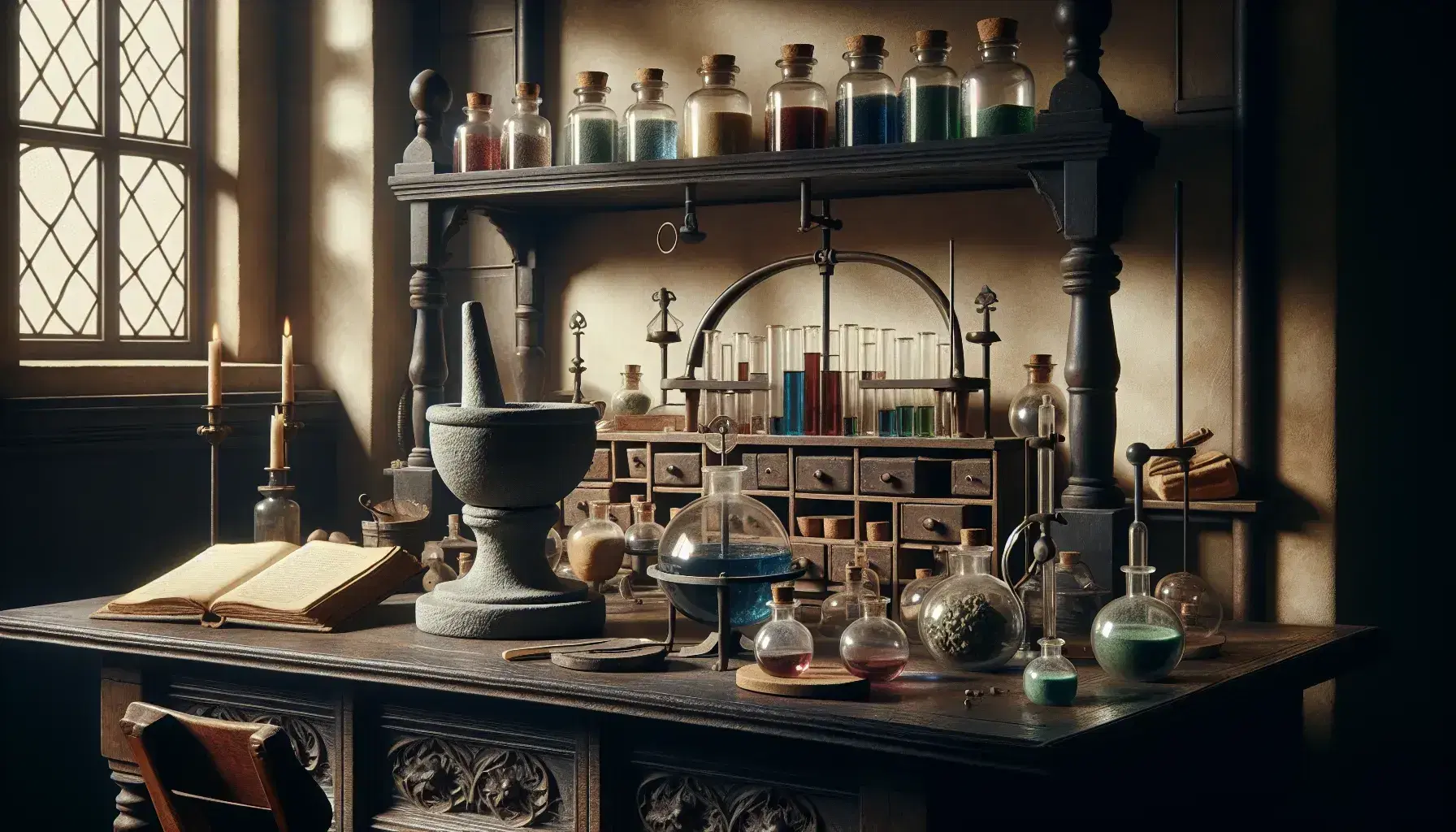 Laboratorio antiguo de alquimista con mesa de madera, mortero, frascos de cristal con líquidos y polvos de colores, balanza y libro abierto.