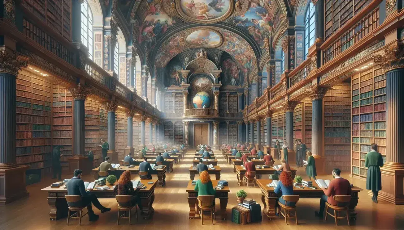 Biblioteca storica con scaffali in legno scuro pieni di libri rilegati, tavoli con lettori assortiti e scala a chiocciola in ferro battuto.