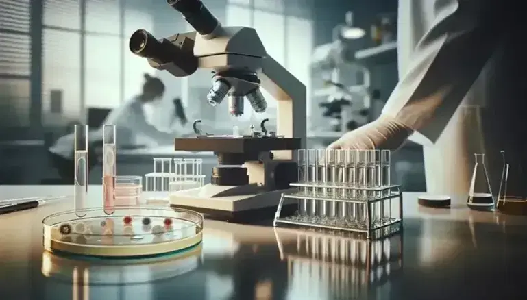 Microscopio ottico grigio su tavolo da laboratorio con provette contenenti campioni biologici e piatto di Petri, tecnico sfocato sullo sfondo.