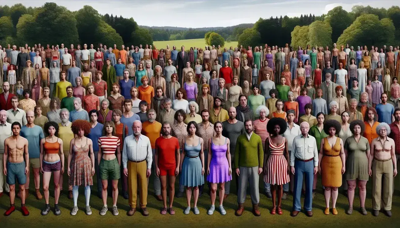 Diverse group of people in a park with green trees, dressed in various styles, expressing ethnic and gender diversity on a clear day.