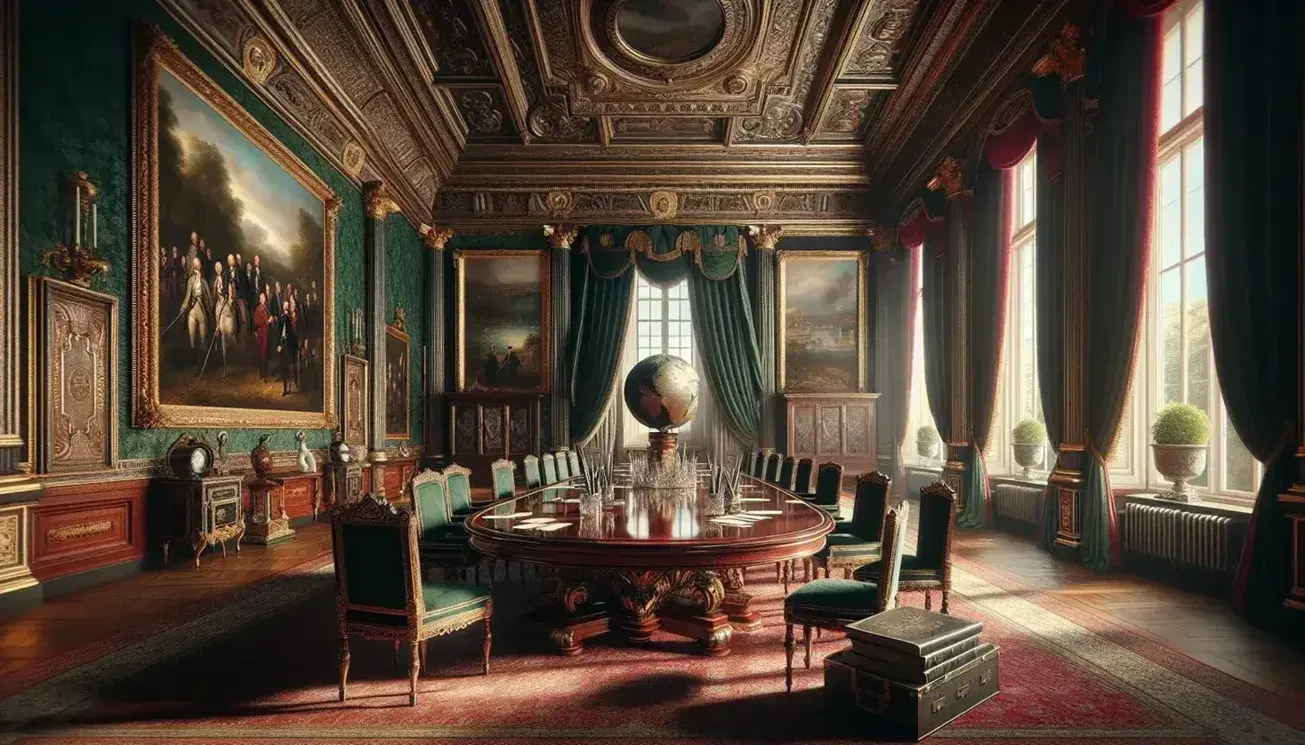 Early 19th-century European-style diplomatic meeting room with high ceilings, red curtains, gilded frame artwork, oval table, and a large globe.