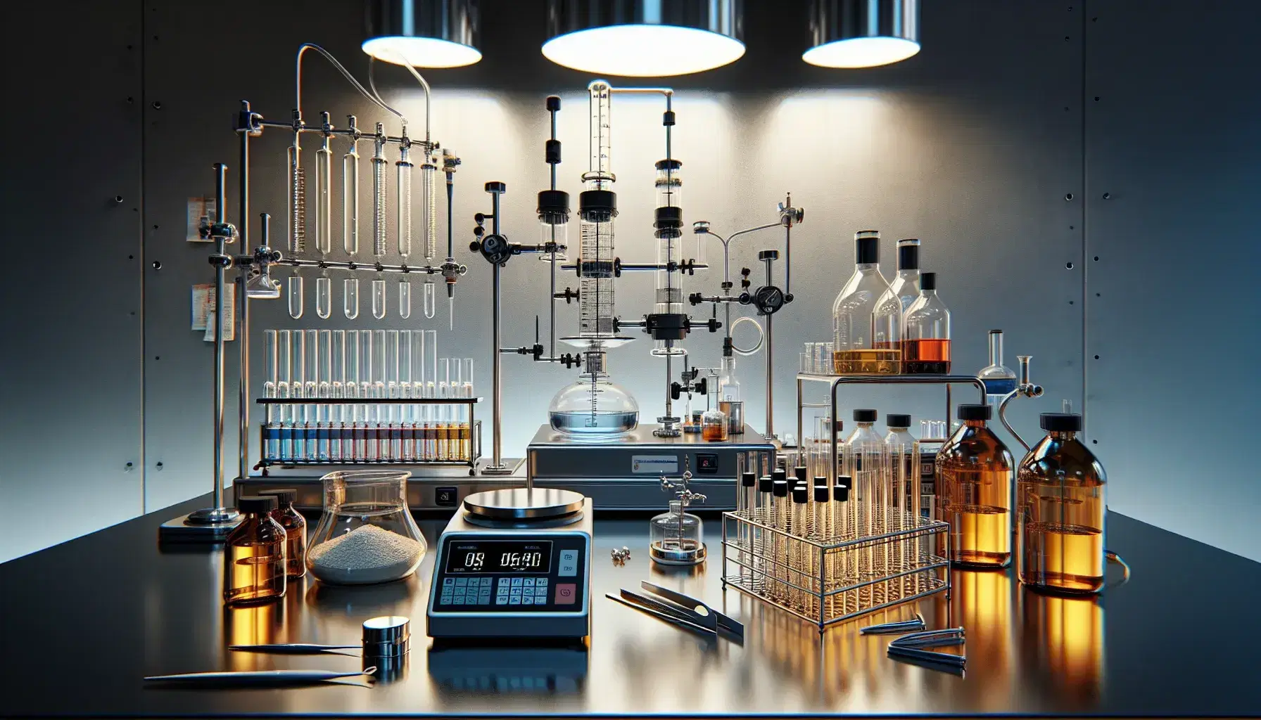 Laboratorio chimico moderno con tavolo in acciaio, distillatore, bilancia analitica digitale, provette colorate e strumenti di precisione.