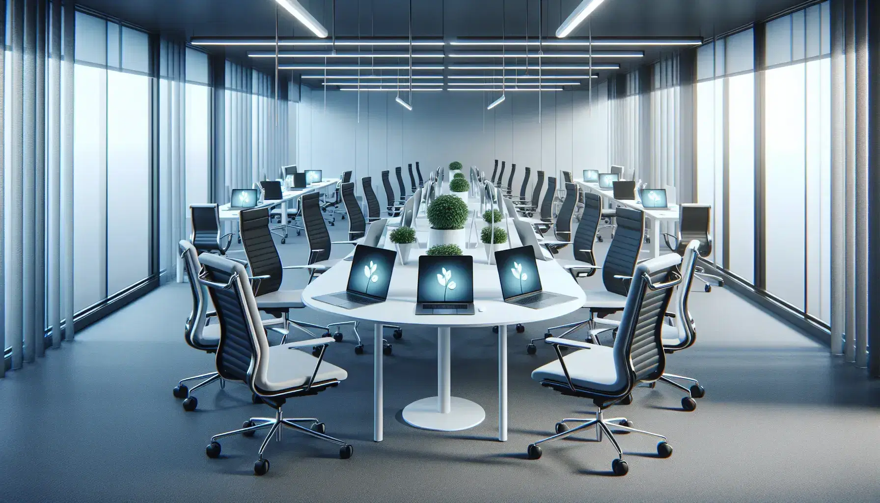 Modern office with black ergonomic chairs, white desks in semicircle with silver laptop, central table with green plant, soft lighting.
