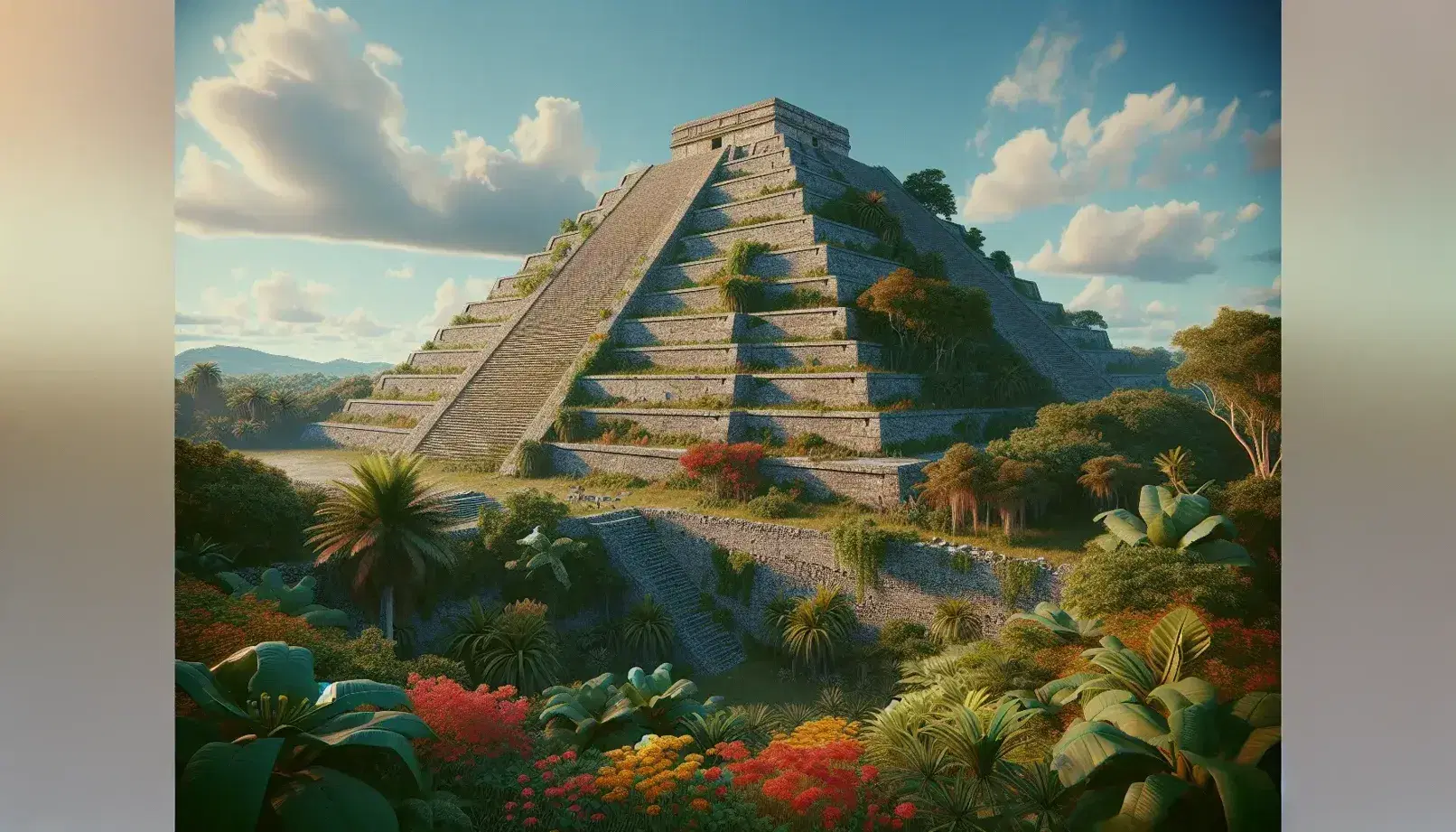 Panoramic view of an ancient Mesoamerican stepped pyramid, surrounded by indigenous flora under a blue sky with scattered clouds.