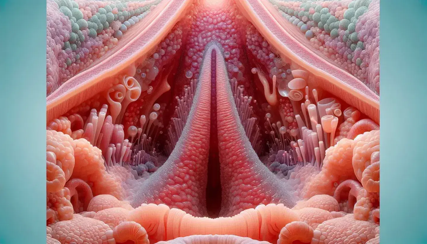 Vista detallada de la superficie interna de una nariz humana mostrando la membrana olfativa húmeda y rosada con cilios translúcidos.