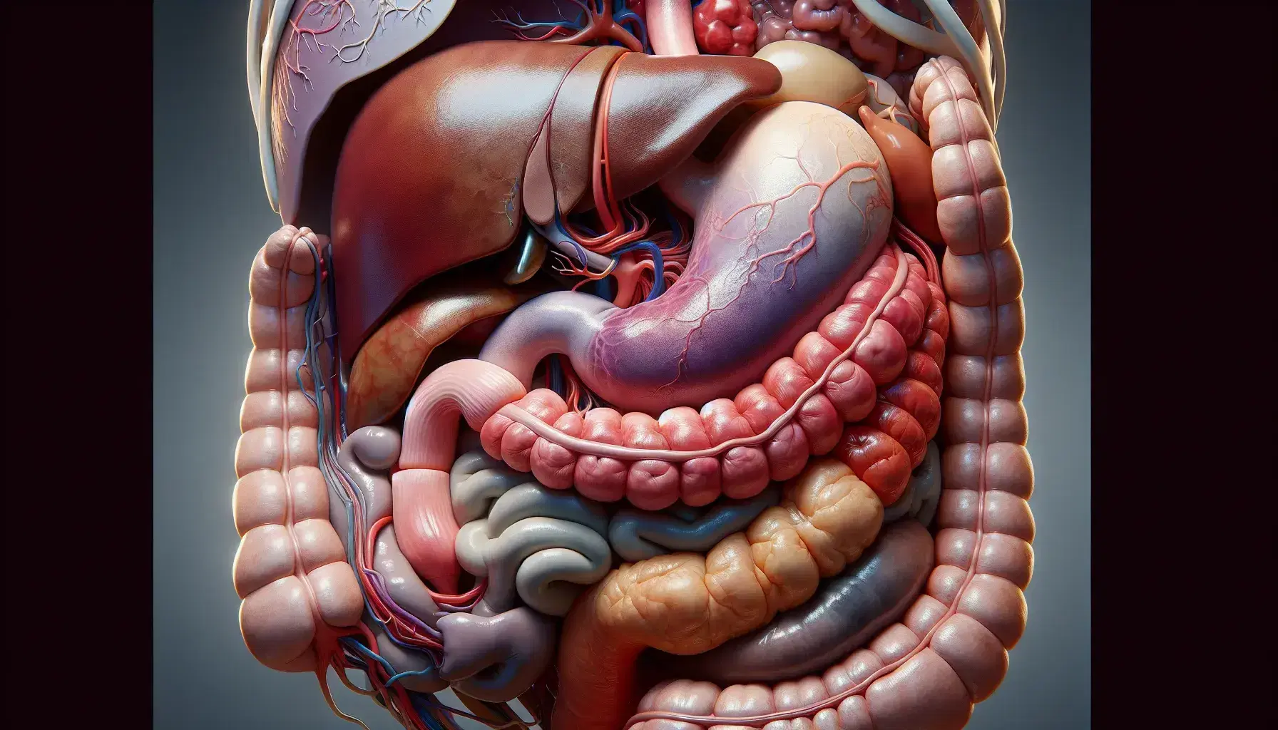 Rappresentazione anatomica dettagliata dello stomaco umano con fegato marrone chiaro, pancreas grigio e milza porpora, senza testo.