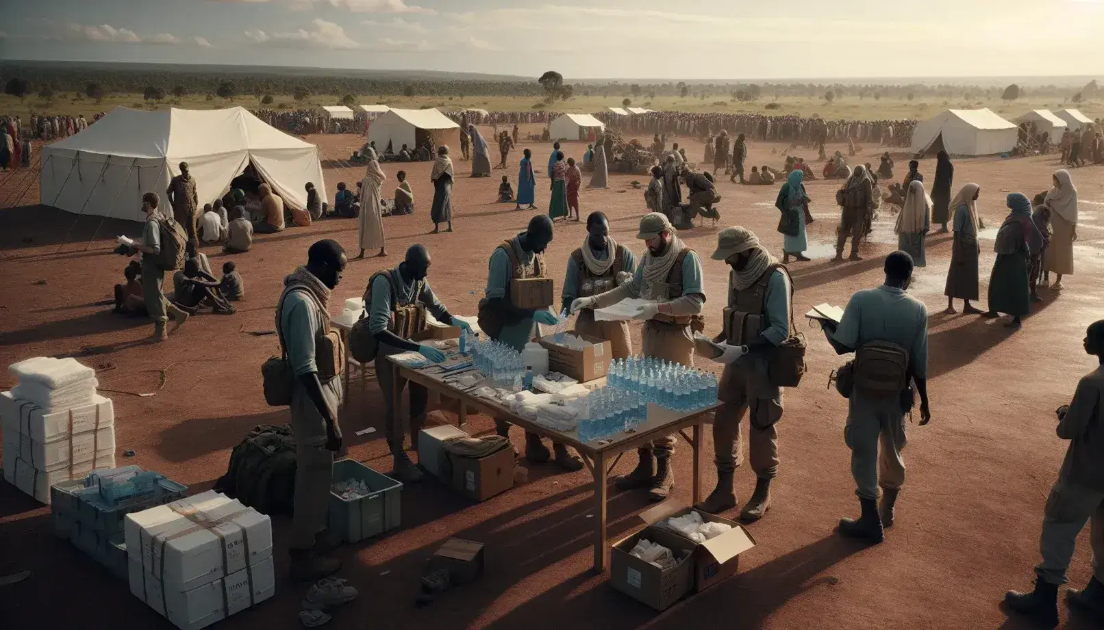 Humanitarian aid workers set up a tent, distribute water, and provide medical assistance in a field under a clear sky.