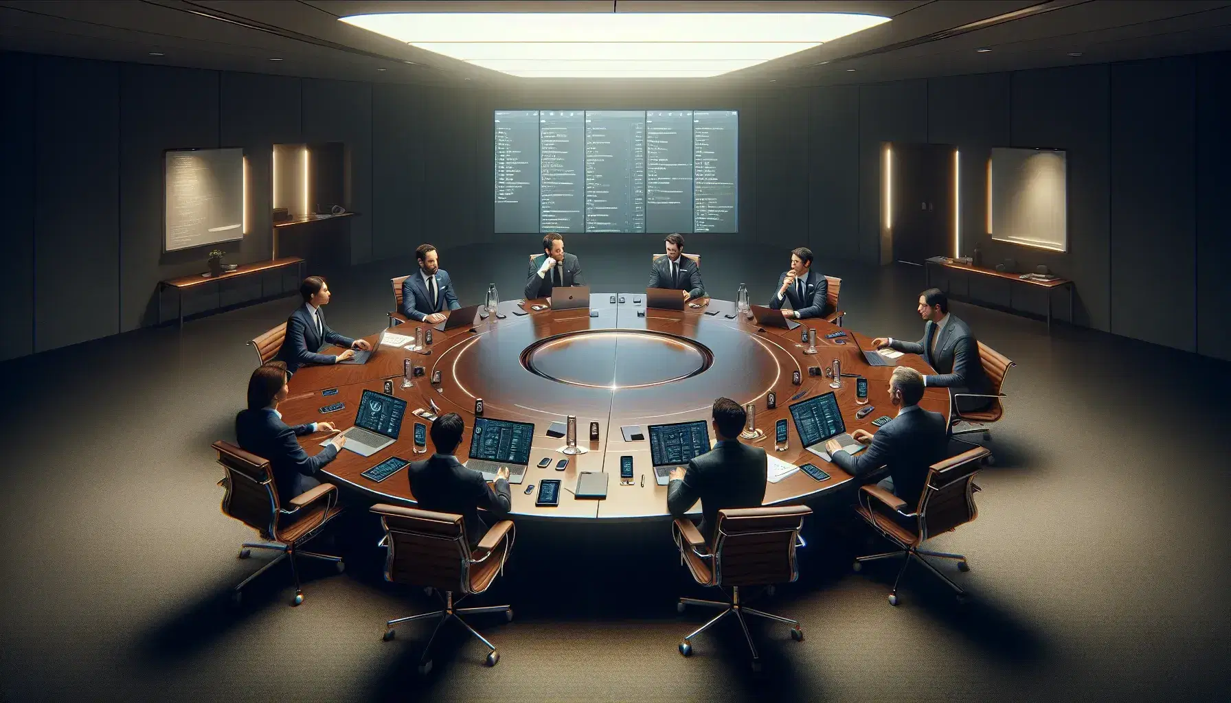 Grupo de cinco profesionales en reunión de trabajo alrededor de una mesa ovalada con laptops y dispositivos móviles, en una sala iluminada y decorada en tonos neutros.