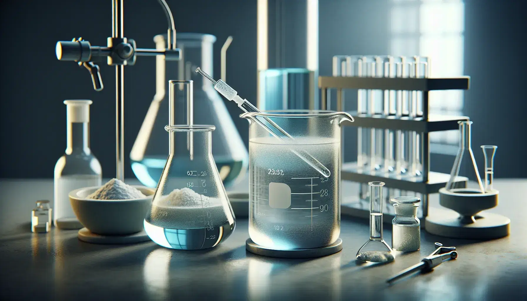 Chemical laboratory with beaker and slightly blue transparent liquid, burette, mortar with white powder and other glassware on the bench.