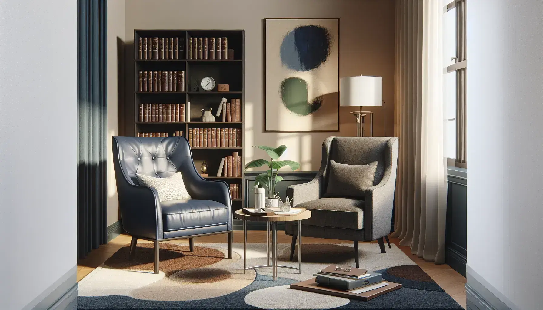 Ufficio di psicologia clinica con poltrona blu scuro, sedia ergonomica grigia, tavolino con quaderno e pianta, libreria e quadro astratto.
