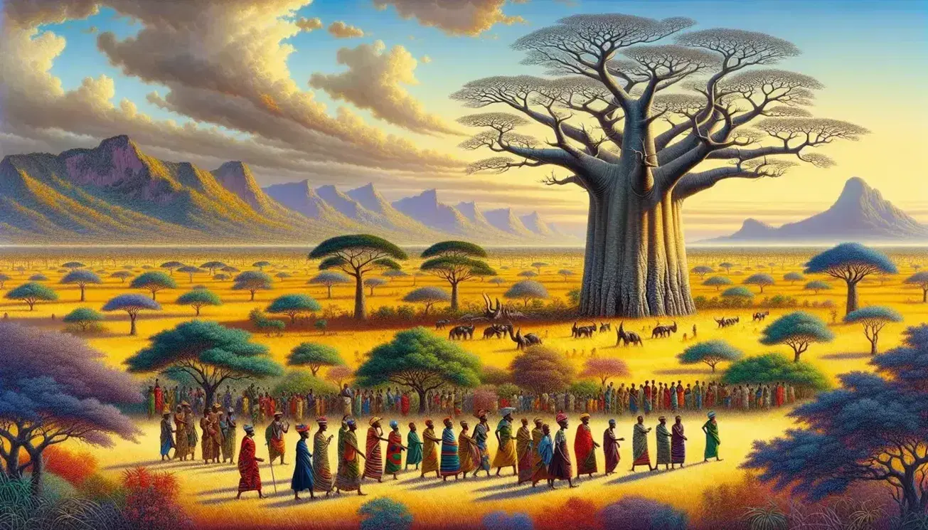 Paesaggio africano al tramonto con baobab, savana dorata, montagne all'orizzonte, persone in abiti tradizionali e elefanti.