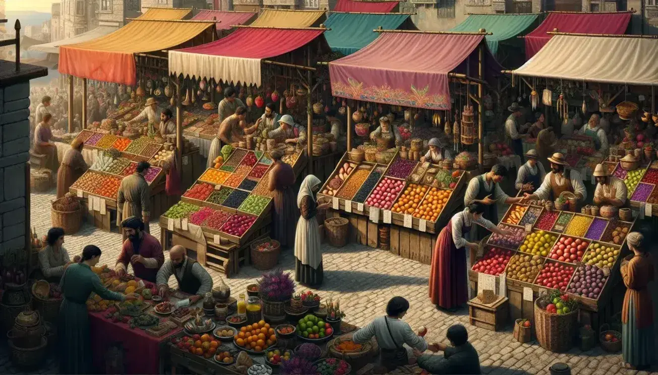 Bustling outdoor marketplace with colorful stalls selling fresh fruits, flowers, and handcrafted pottery, shoppers engaging in commerce on a sunny day.