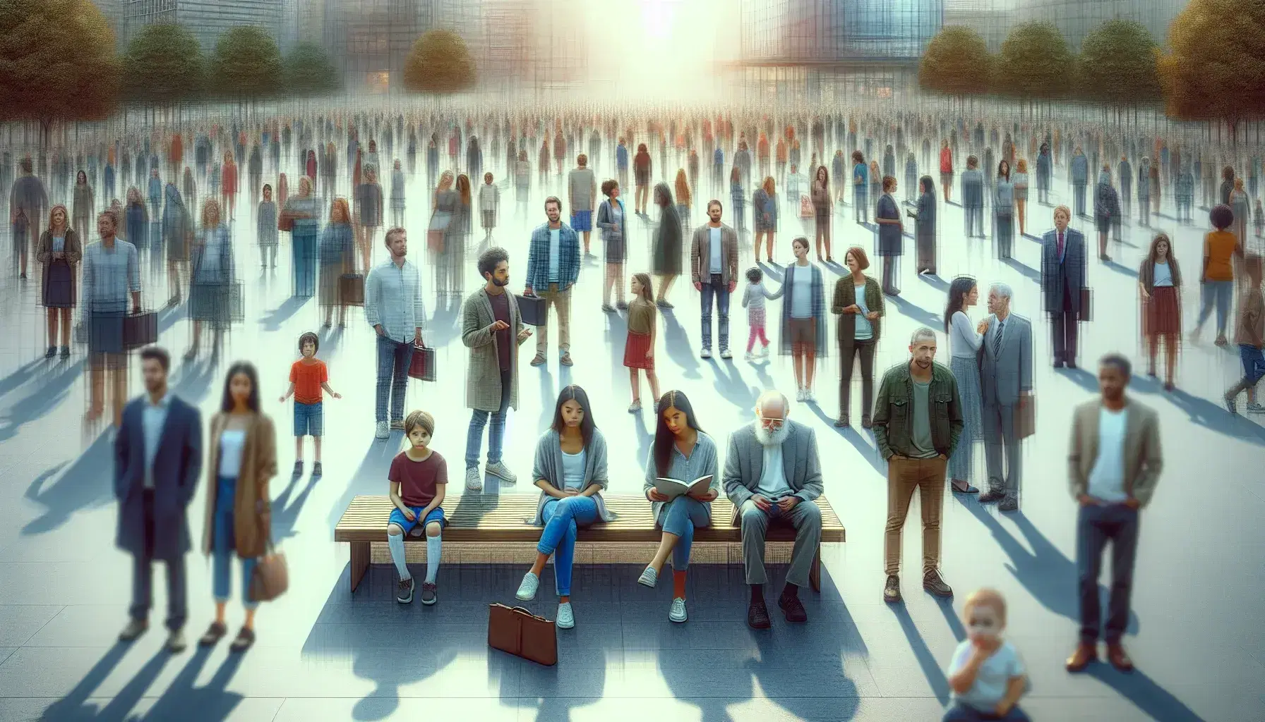 Diverse group of people in an open space with some in the foreground reading, talking and playing, in a natural and sunny environment.