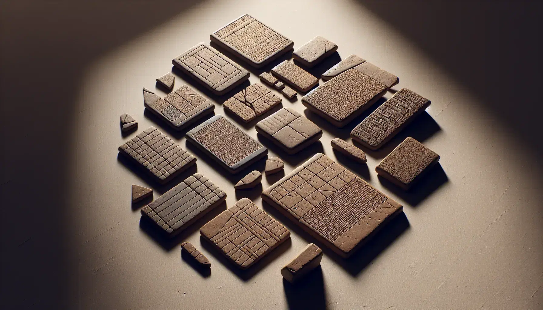 Colección de tabletas de arcilla de la antigüedad con marcas de escritura cuneiforme dispuestas sobre superficie clara, destacando texturas y sombras suaves.