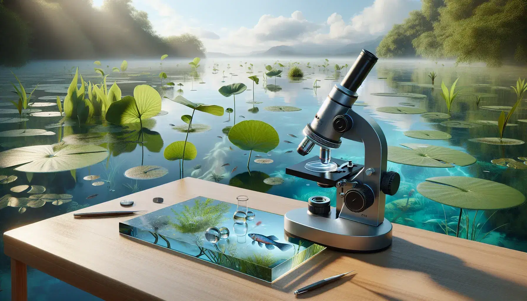 Microscopio moderno su tavolo in legno con campione d'acqua pronto per osservazione, sfondo di ecosistema acquatico con piante e pesci.