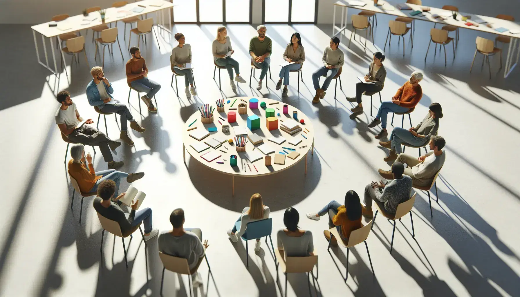 Grupo diverso de personas sentadas en círculo en un espacio colaborativo, discutiendo con papeles y figuras geométricas de madera sobre una mesa baja.