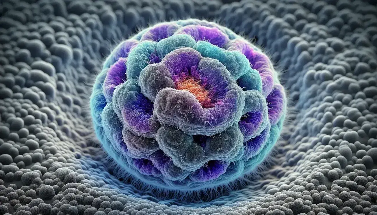 Microfotografia elettronica a colori di un nucleo cellulare in interfase con cromatina evidenziata, circondato da citoplasma granulare.
