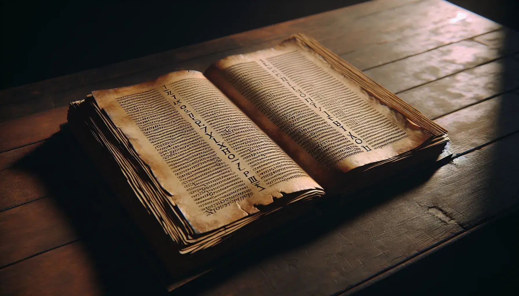 Libro antico aperto su tavolo in legno scuro con pagine ingiallite e testo in caratteri greci antichi, illuminato lateralmente.