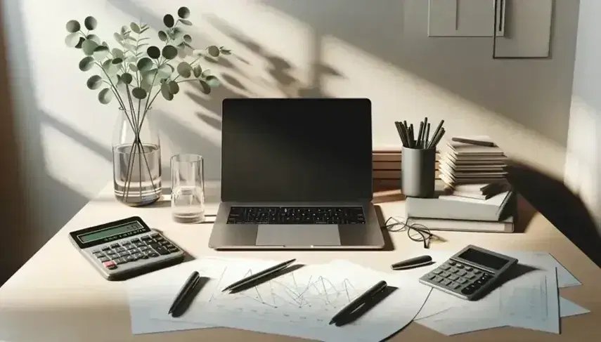 Scrivania in legno chiaro con laptop aperto, calcolatrice grigia, grafico colorato, penne e pianta verde, in ambiente professionale luminoso.
